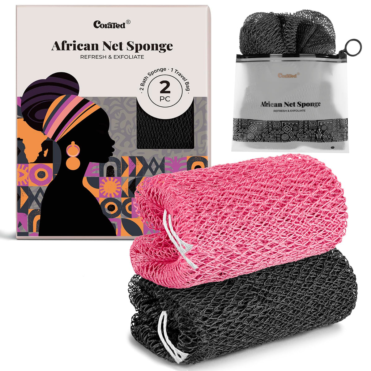 CORATED African Net Sponge Authentic, Shower Loofah Exfoliating Bath Sponge