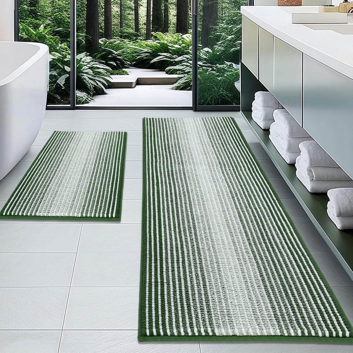 BSICPRO Bathroom Rugs Sets 2 Piece, Non Slip Striped Bath Mats, Fog Blue