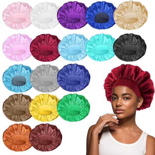 WLLHYF 18 Pcs Satin Bonnets for Sleeping, Large Silk Bonnet Wide Band Hair Bonnet Soft Elastic Hair Wrap Cap Silky Shower Cap for Black Women Men Curly Hair