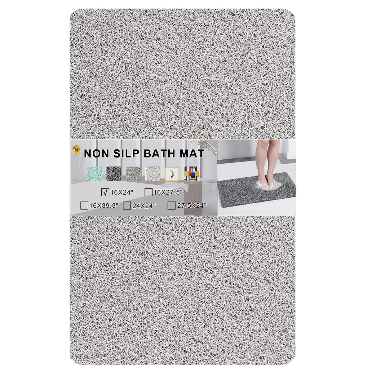 Nonslip Bathtub Mat, Anti Slip Bath Mat 0.6" Extra Thick, Quick Dry Bath Tub Anti Slip Shower Mat, Loofah Non-Slip Bath Mat for Tub Bathroom Pool Kitchen Entryway Home Hotel(Light Gray 16x27)