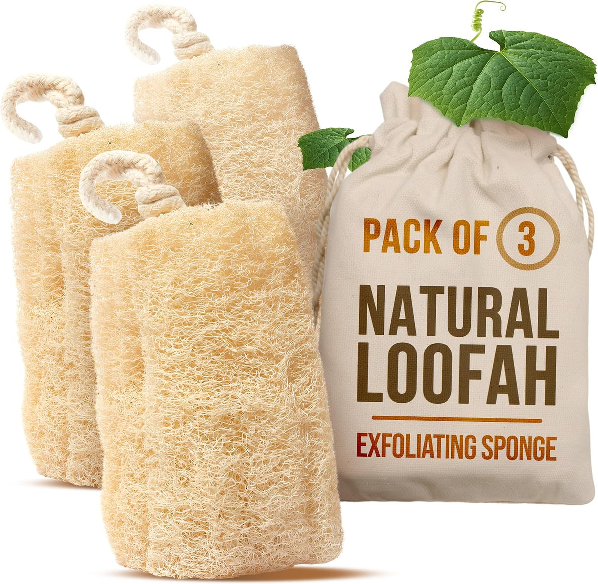 SERRENTO Loofah Body Bath Scrubber Shower - Egyptian Loofa Pack of 3 Tan