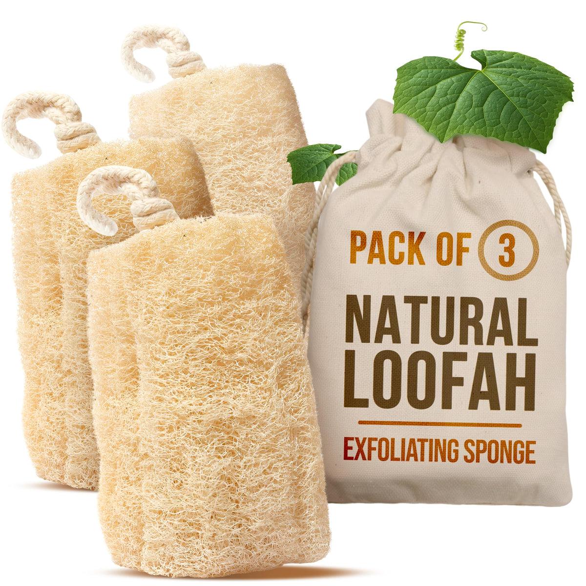 SERRENTO Loofah Body Bath Scrubber Shower - Egyptian Loofa Pack of 3 Tan