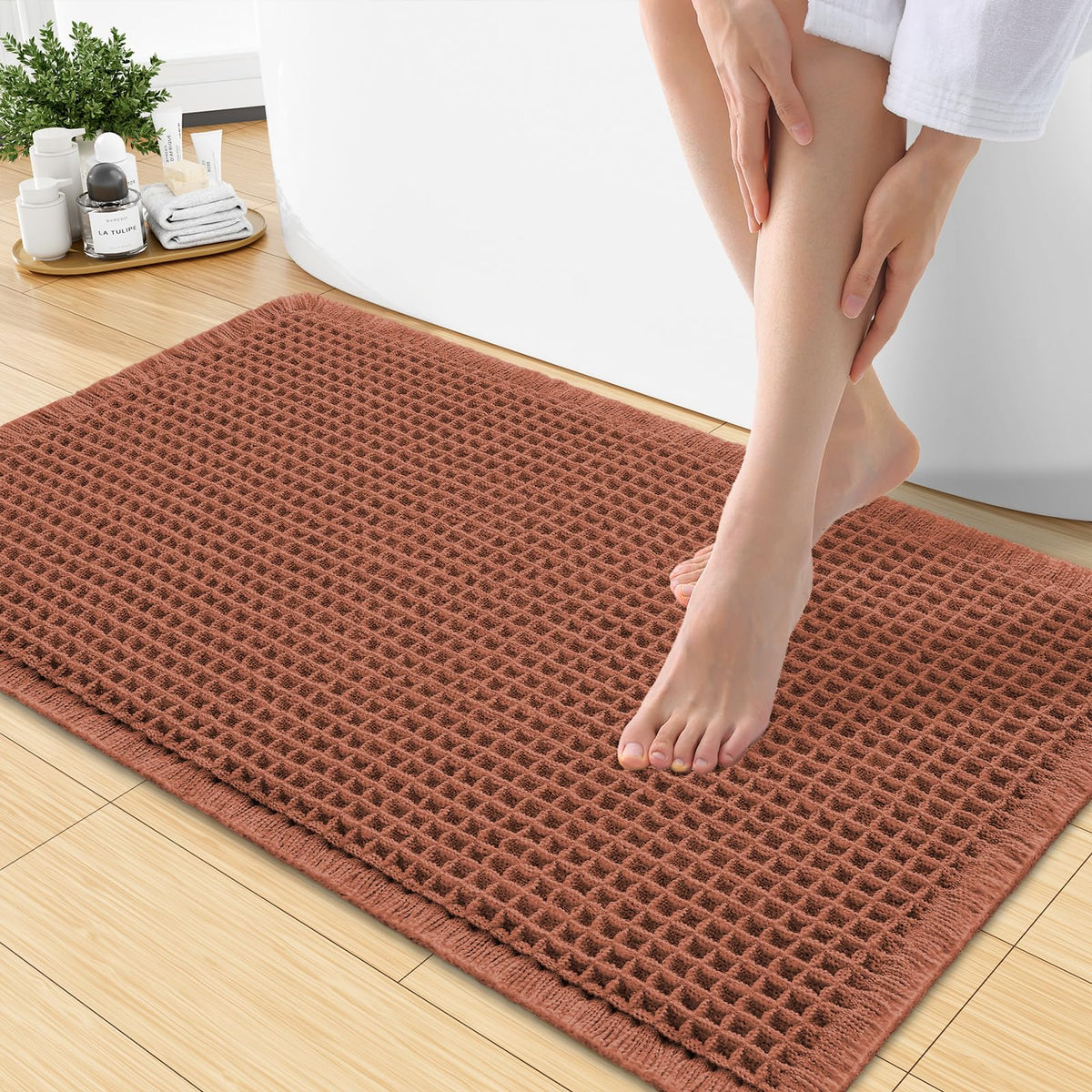 Smiry Waffle Bath Mat 24X16, Soft Absorbent Bathroom Rugs, Brown & Cream