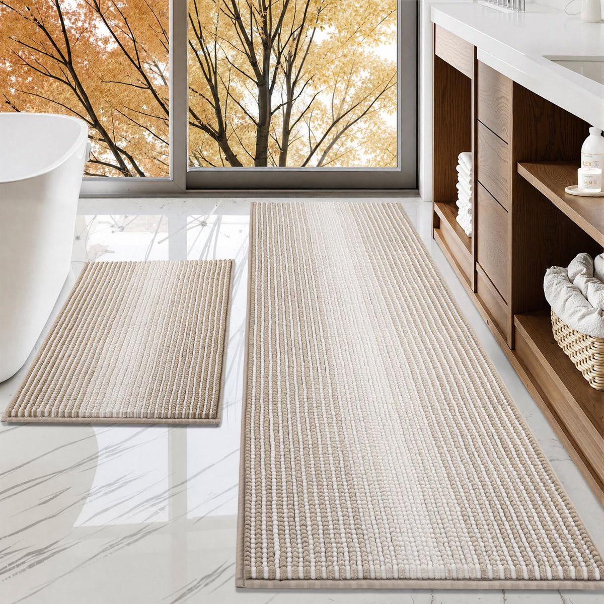BSICPRO Bathroom Rugs Sets 2 Piece, Non Slip Striped Bath Mats, Fog Blue