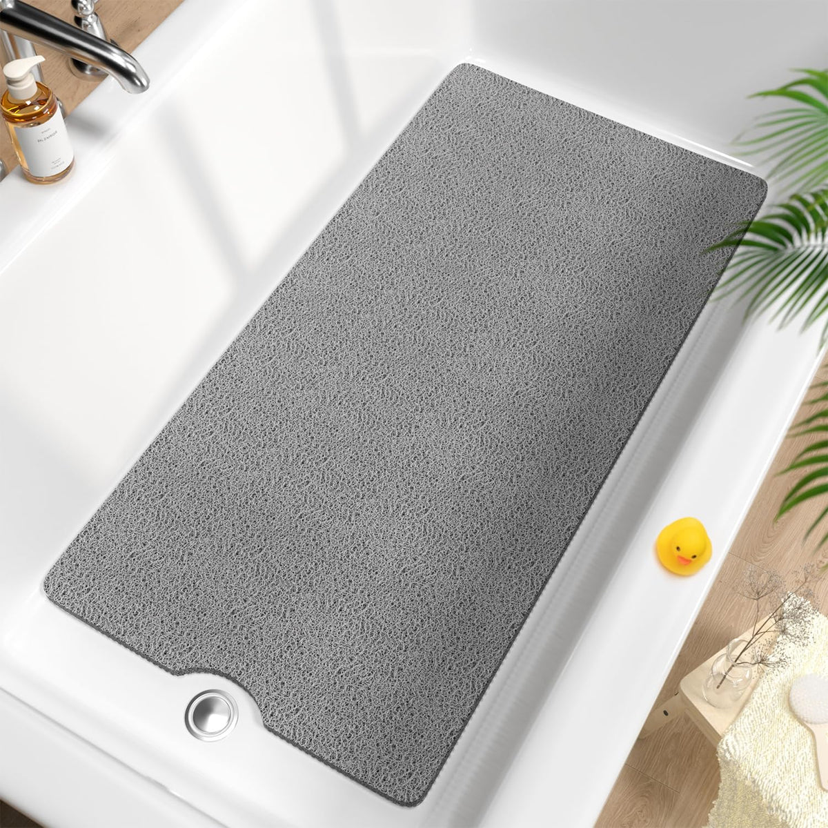 HITSLAM Non Slip Bathtub Mat 40 x 16 Inch, Extra Long Bath Mat for Tub, Soft PVC Loofah Shower Floor Mat with Drain, Quick Drying Bathroom Tub Mat for Wet Area, Without Suction Cup, Grey
