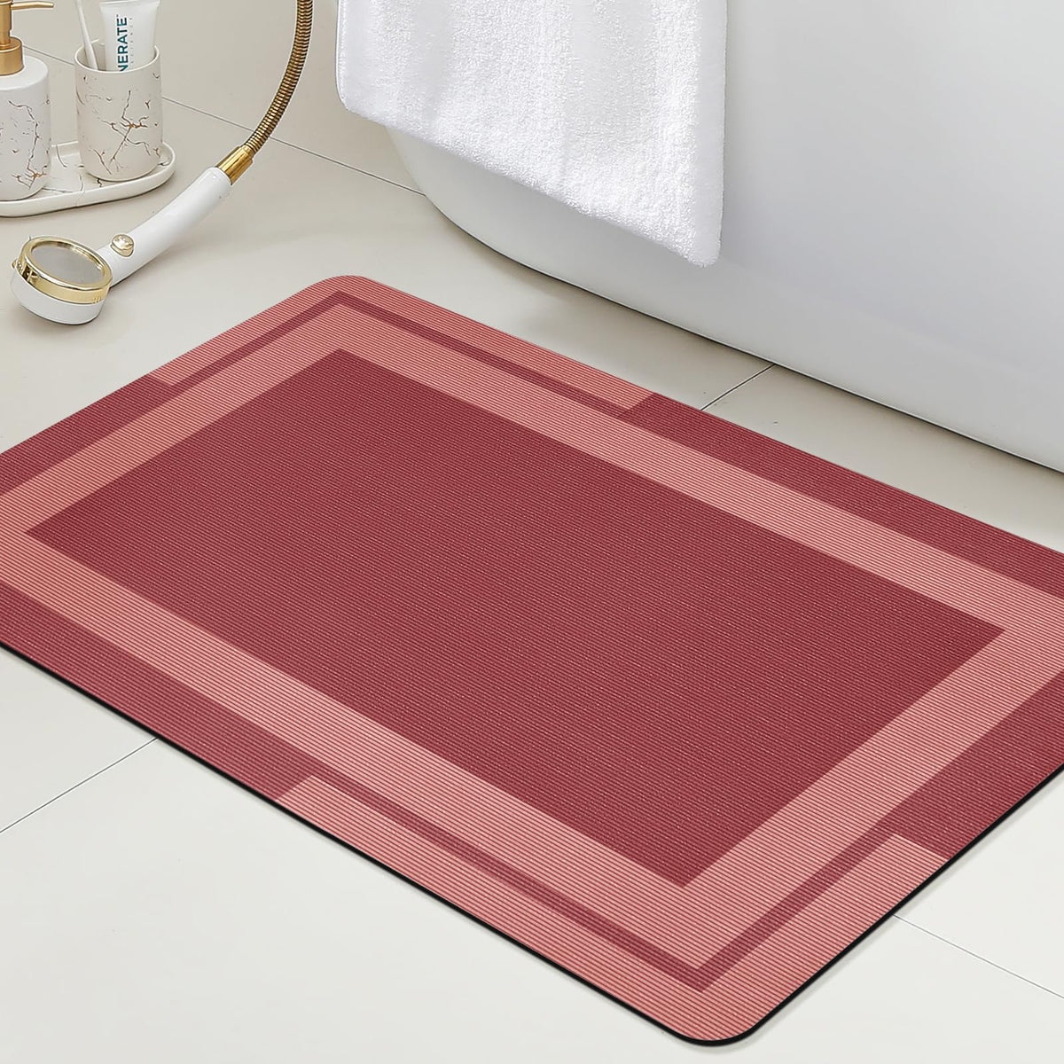 ACCUMTEK Non Slip Bath Mat, Thin Bathroom Rugs Fit Under Door, Quick Dry Bath Mats, Machine Washable Bath Rugs for Bathroom, Bathtub & Kitchen, Grey/Bordered/24 x17