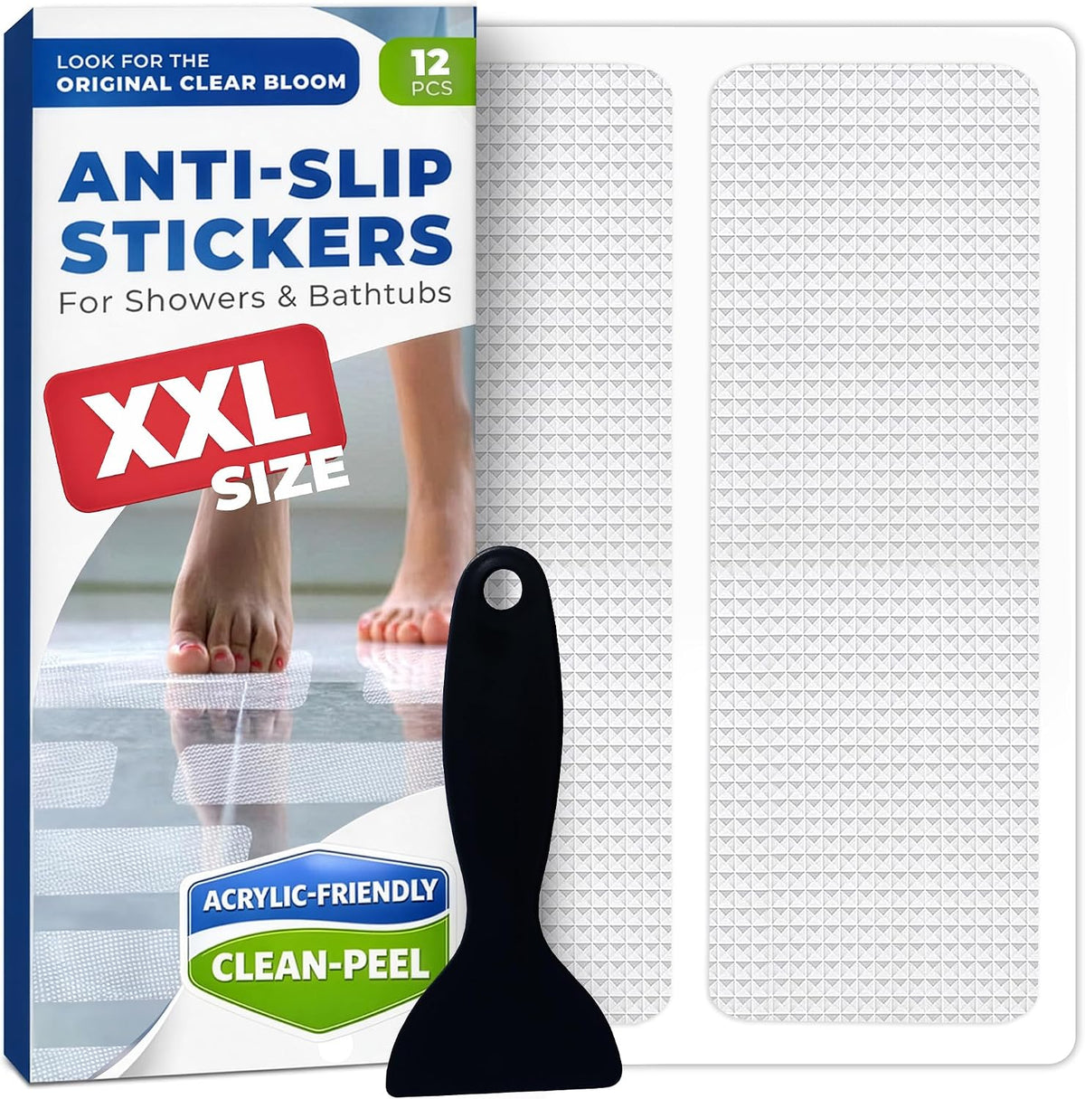 XXL Anti Slip Shower Stickers 12 PCS, Non-Slip Bath Tub Strips, Clear
