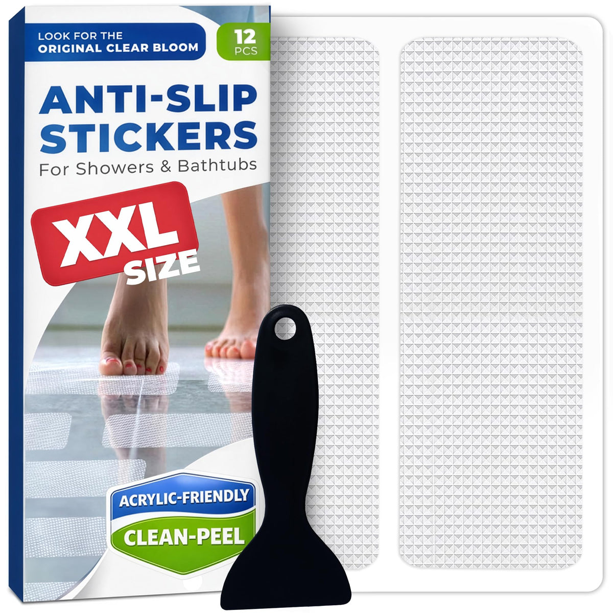 XXL Anti Slip Shower Stickers 12 PCS, Non-Slip Bath Tub Strips, Clear