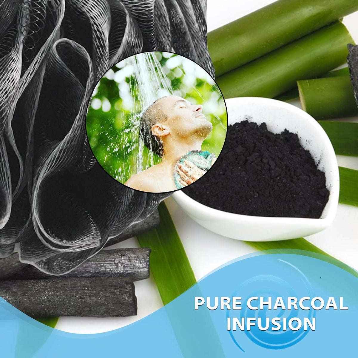 SHOWER BOUQUET Loofah-Charcoal Bath-Sponge XL-4-Pack-Blue-Green Extra Large