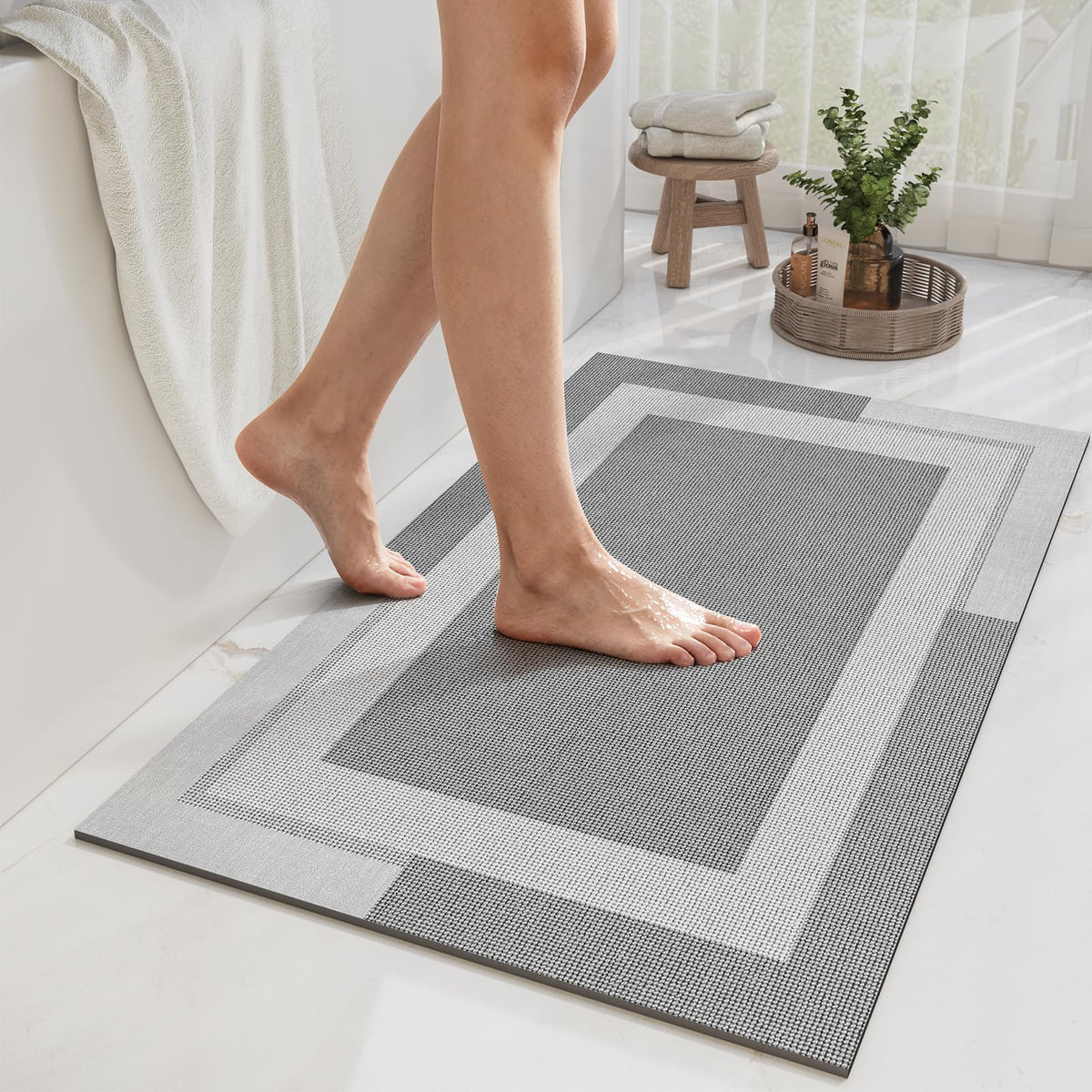 YDKGL Non Slip Bath Mat Thin Bathroom Rugs Fit Under Door Grey 16"x 24"