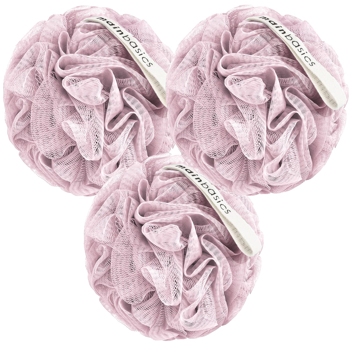 MainBasics Shower Loofah Sponge Pouf, Set of 3, Snow White