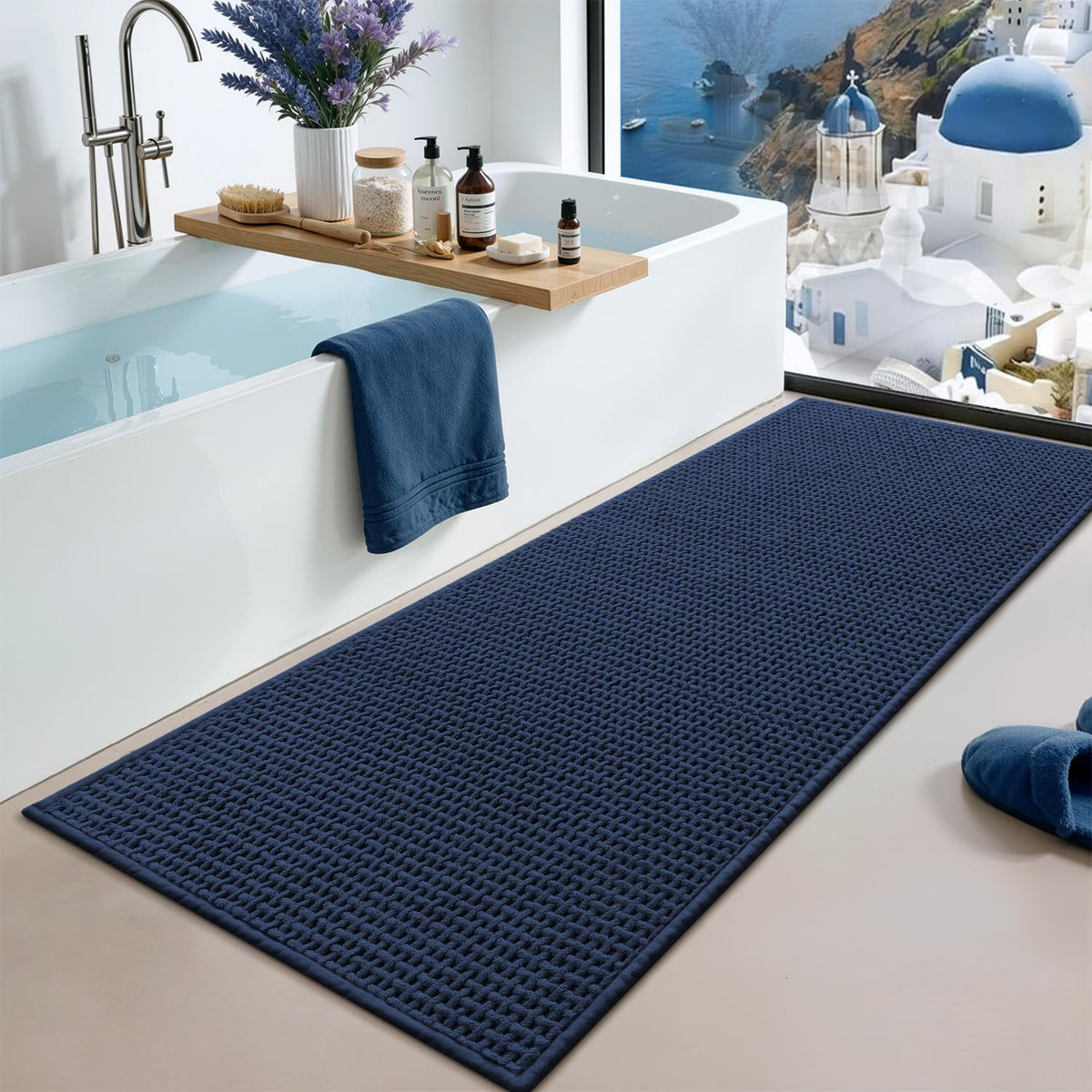 Color&Geometry Beige 30x17 Waffle Bath Mat, Rubber Non Slip Bathroom Rug