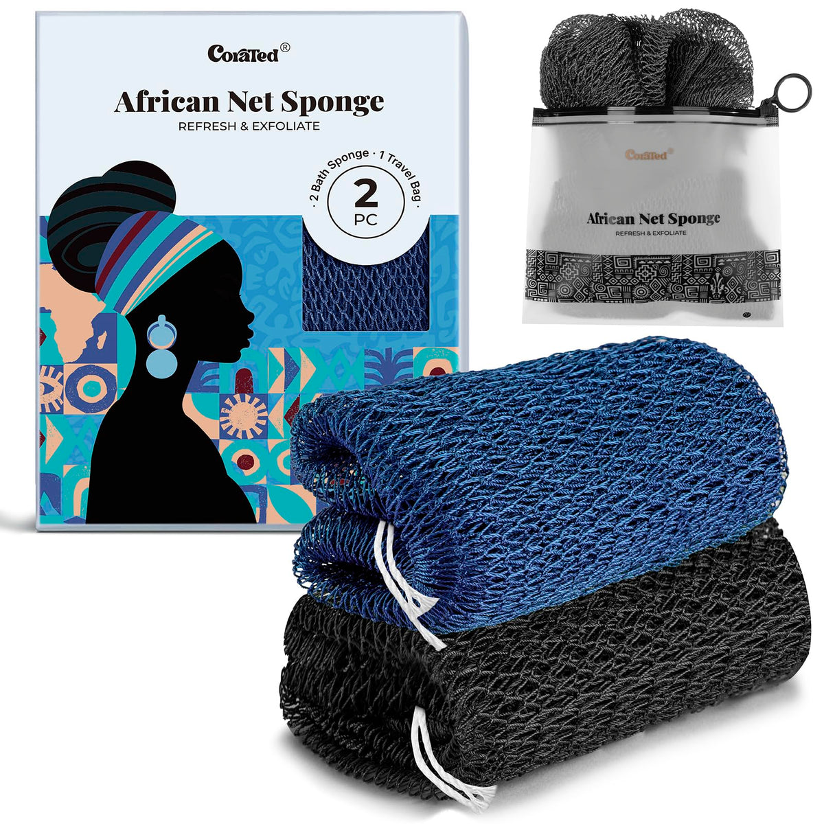 CORATED African Net Sponge Authentic, Shower Loofah Exfoliating Bath Sponge