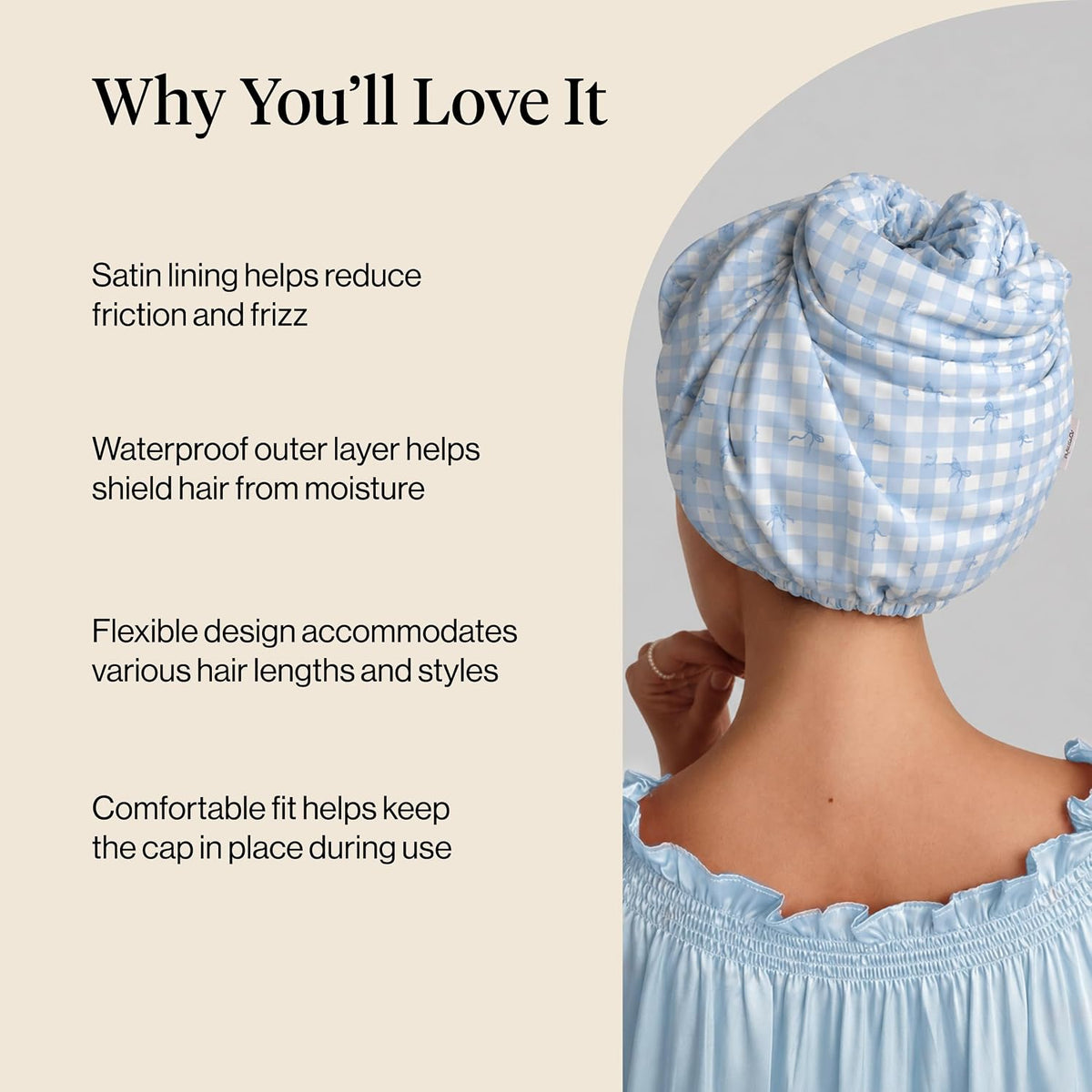 Kitsch Luxury Satin-Lined Flexi Shower Cap for Women - Gingham Blue