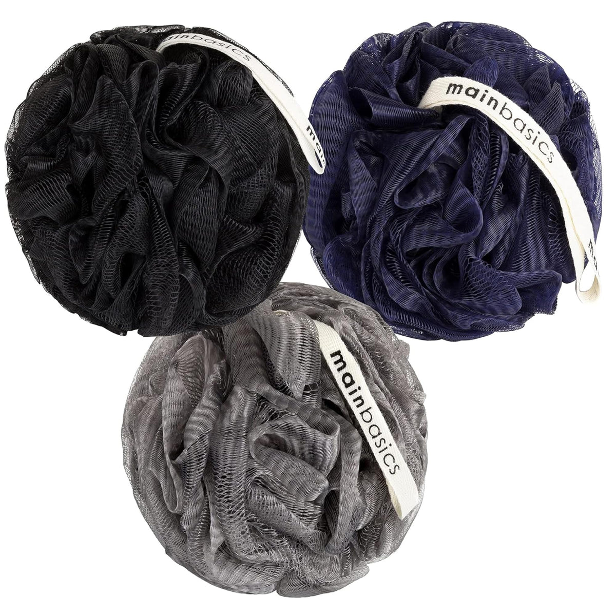MainBasics Shower Loofah Sponge Pouf, Set of 3, Snow White