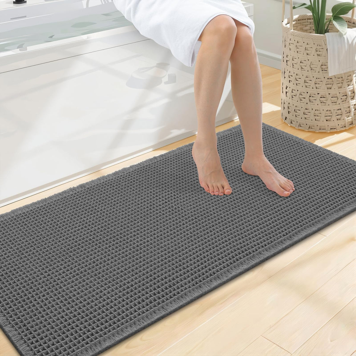 Smiry Waffle Bath Mat 24X16, Soft Absorbent Bathroom Rugs, Brown & Cream