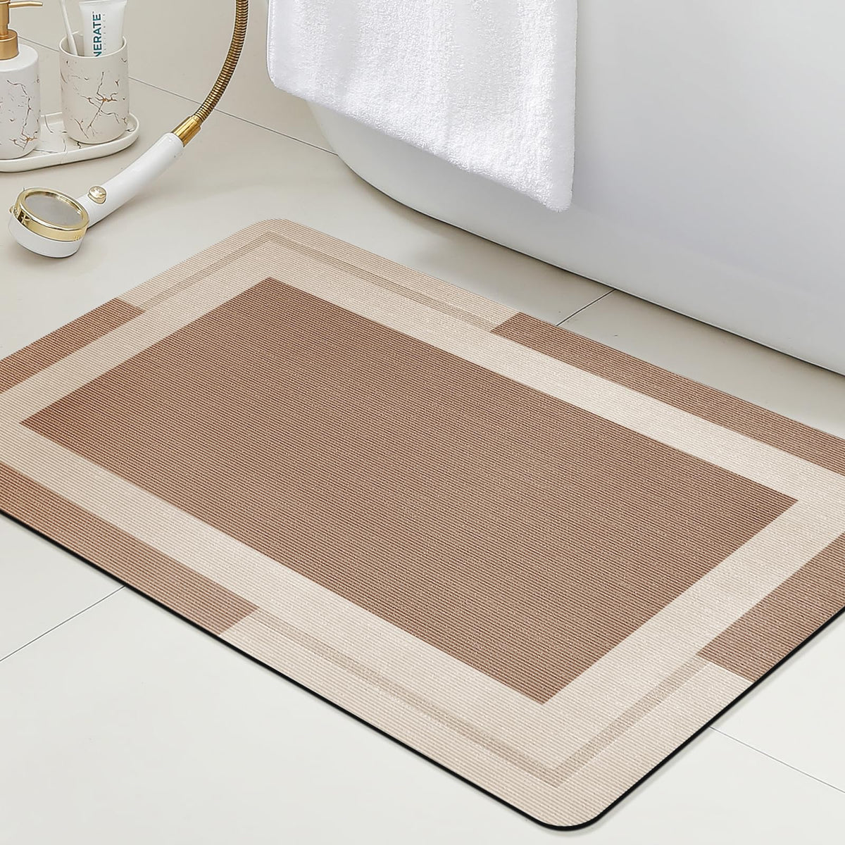 ACCUMTEK Non Slip Bath Mat, Thin Bathroom Rugs Fit Under Door, Quick Dry Bath Mats, Machine Washable Bath Rugs for Bathroom, Bathtub & Kitchen, Grey/Bordered/24 x17
