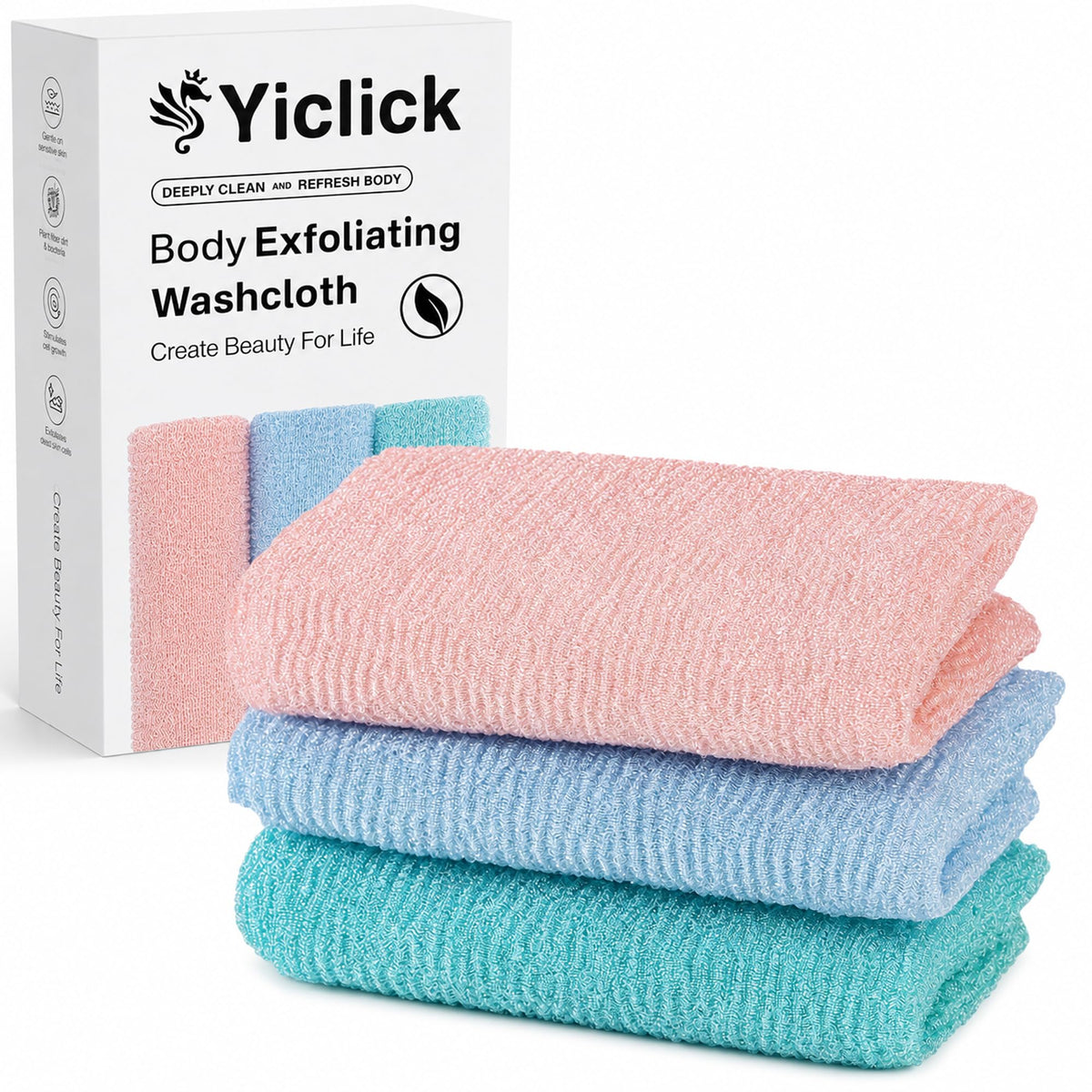 Yiclick Exfoliating Washcloth Towel, Japanese Exfoliating Wash Cloth, Korean Body Scrubber Exfoliator, Back Scrubber Washer for Shower Bath, Body Scrub African Net Sponge Loofah Luffa (Colors)