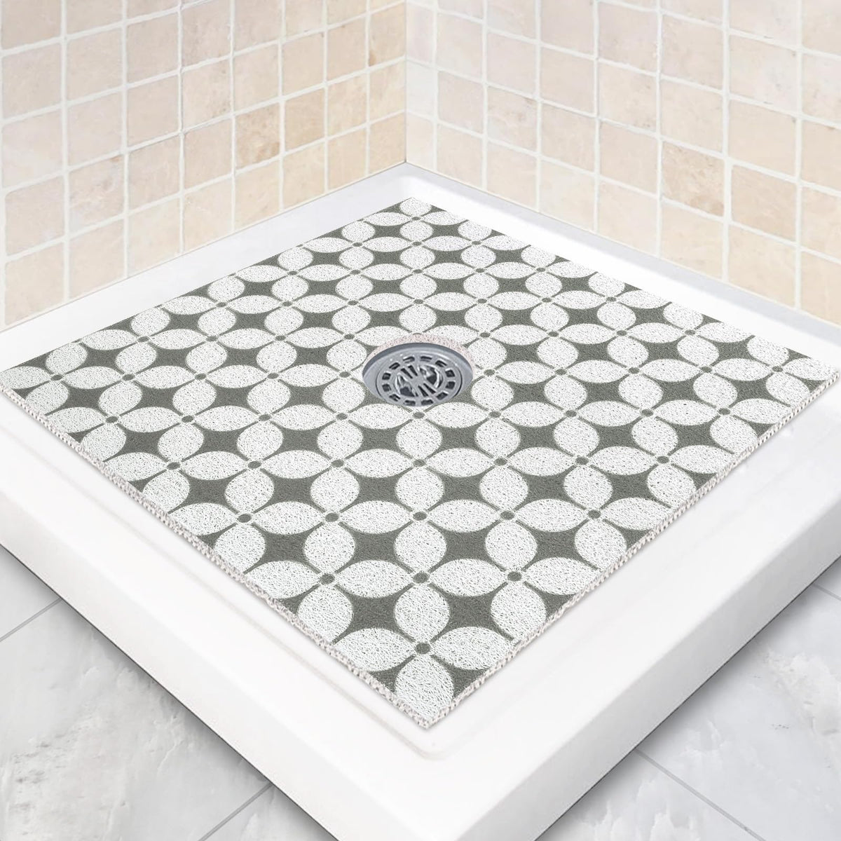 Square Shower Mat Non Slip: 24 x 24 Inch Shower Mats with Drain Hole in Middle - PVC Loofah Anti Slip Shower Floor Matt for Inside Shower