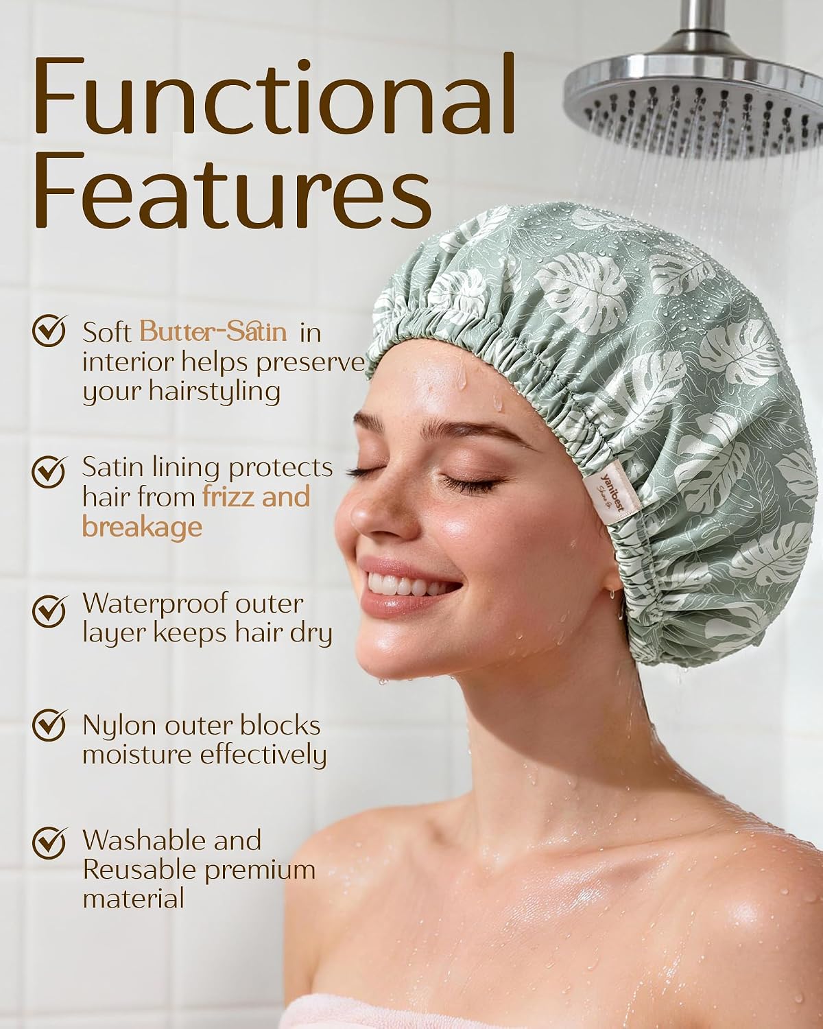 Yanibest Satin Lined Shower Cap, Shower Caps for Women Reusable Waterproof