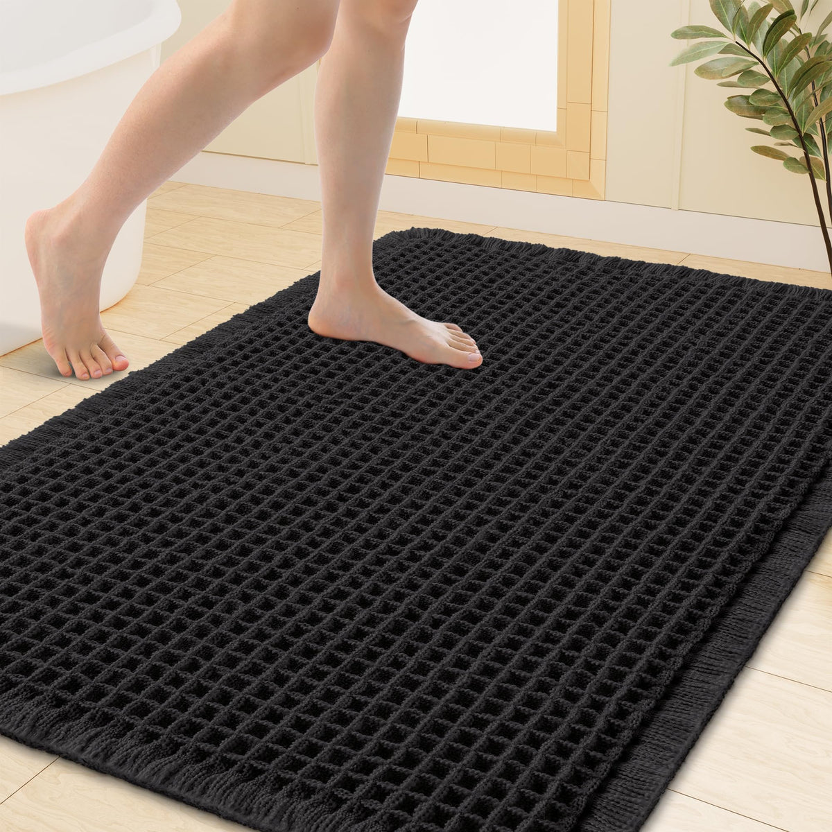 Smiry Waffle Bath Mat 24X16, Soft Absorbent Bathroom Rugs, Brown & Cream