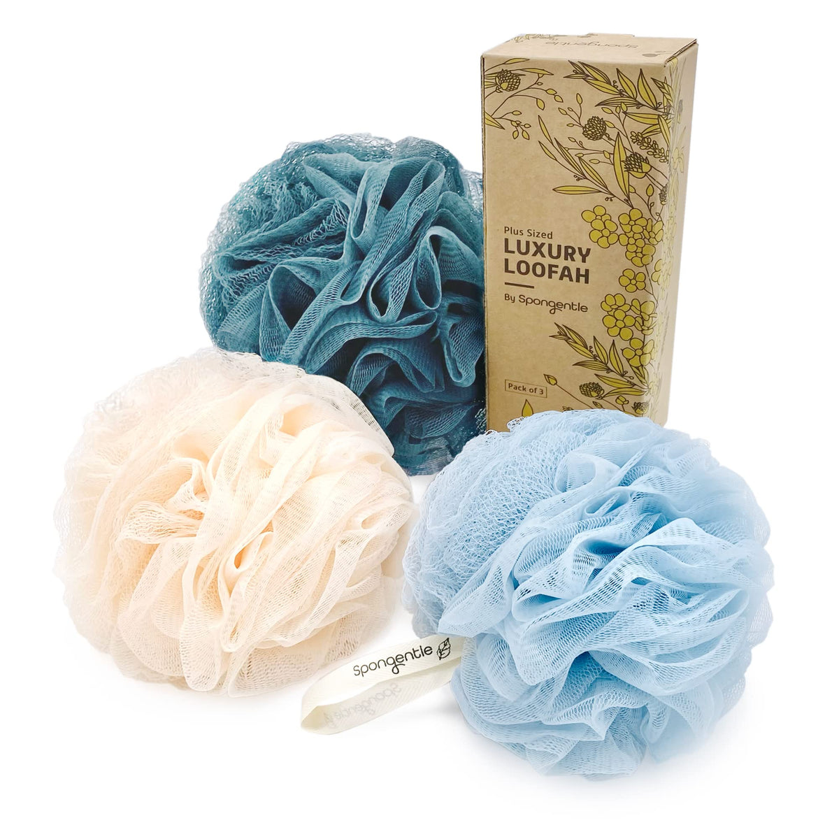 Spongentle Shower Loofah Bath Sponge, Body Scrubber with Soft Mesh, Exfoliating Bath Pouf and Body Wash Sponge for Women and Men, Bath Accessories Cleaning Tool, Large 60g 4 Pack