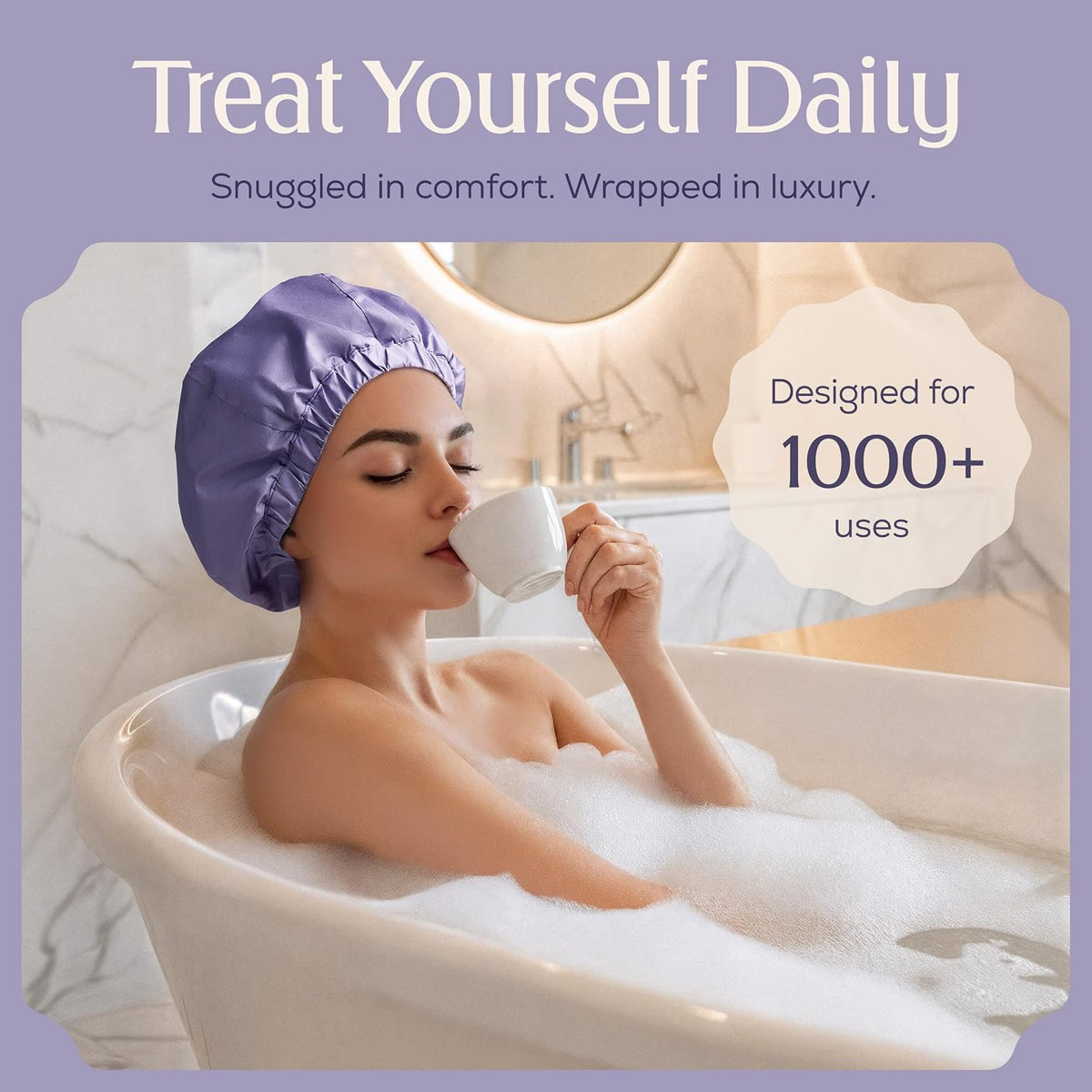 Premium Shower Cap for Women - 1000+ Showers, 100% Waterproof, Double-Sided, Large Shower Cap For Long Hair & Great For Curls (Anti-Frizz Terry Cloth Lining) (Lilac)