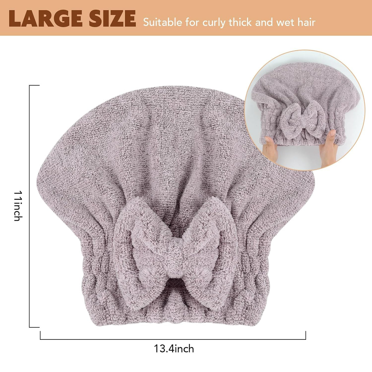 SUNLAND Large Microfiber Hair Drying Caps with Bow Knot 2 Pack Purple