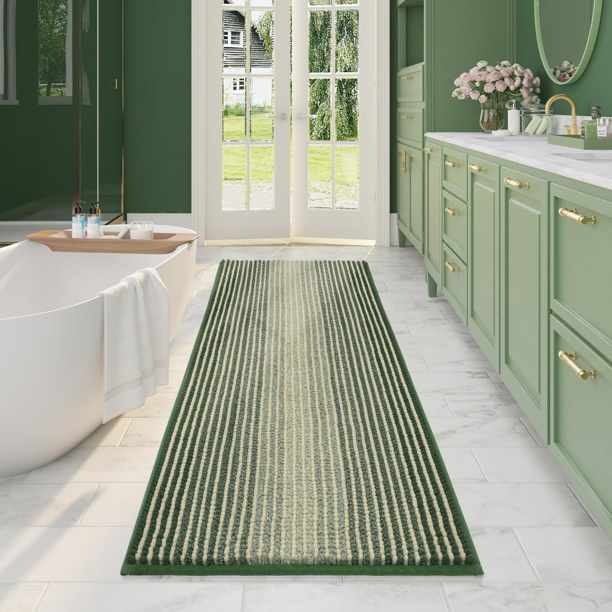 BSICPRO Bathroom Rugs Sets 2 Piece, Non Slip Striped Bath Mats, Fog Blue