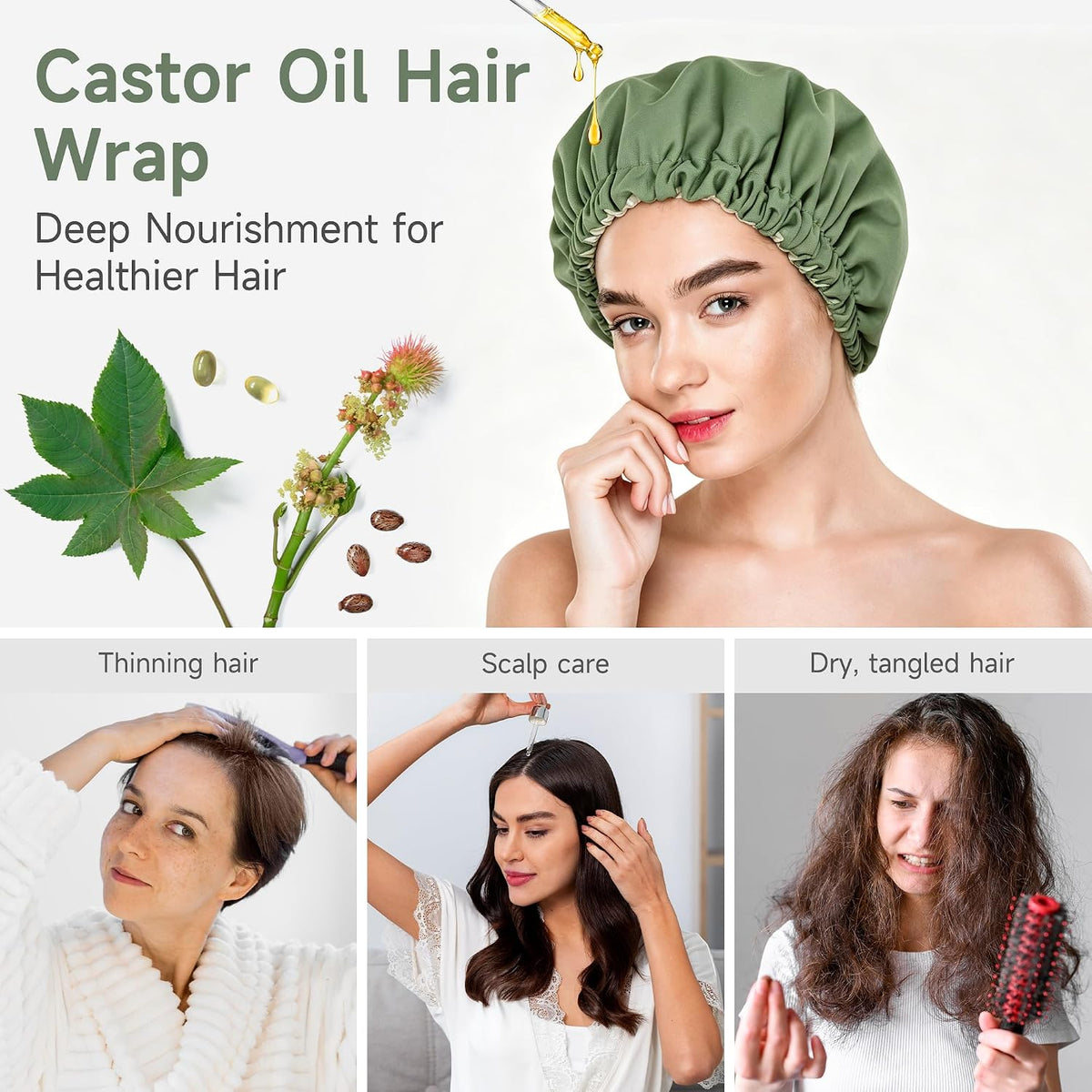 Paw Legend Castor Oil Pack Wrap Overnight Hair Wrap for Sleep Organic Cotton Reusable Hair Cap Cover, Dark Green