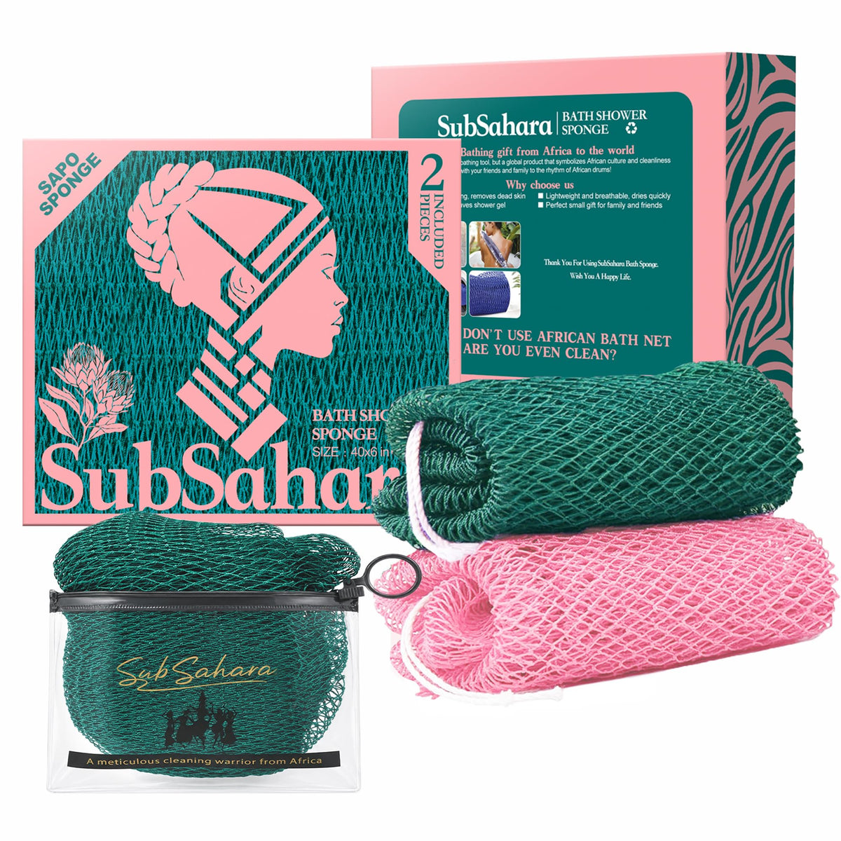 SubSahara African Net Sponge, 2 Pack 45-Inch Exfoliating Bath Scrubber