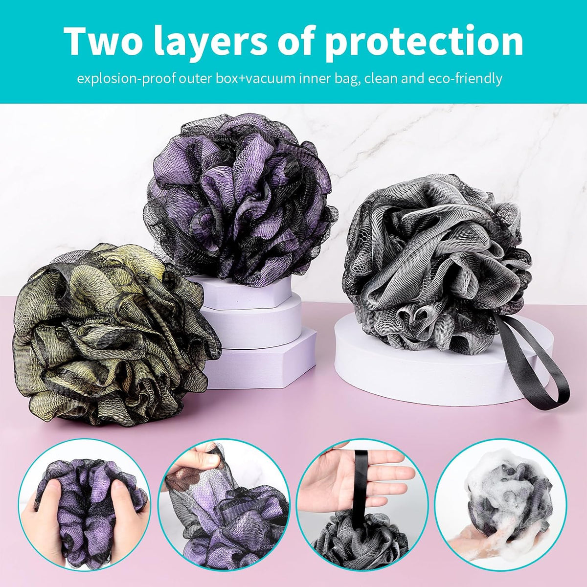 BCKENEY Bath Loofah Shower Sponge Body Back Scrubber Soft Mesh Shower Puffs Exfoliating Loofa for Women & Men Bath Accessories Cleaning Tool (Pack of 4 60G Loofah, Dark Elf)