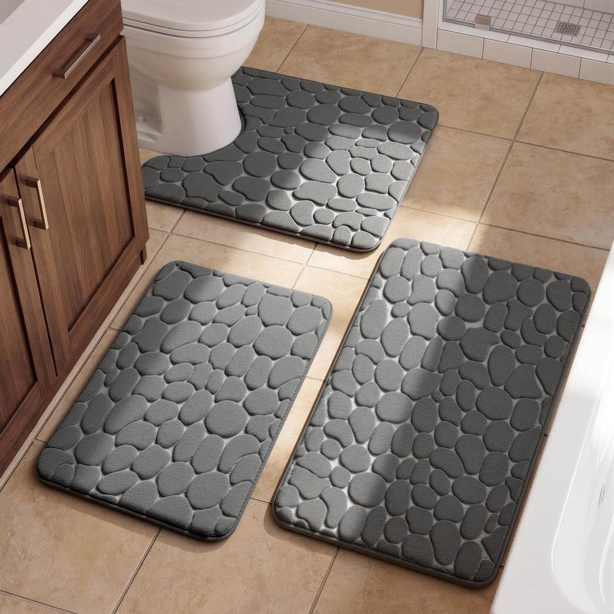 YIHOUSE Bathroom Mat Rug, Memory Foam Bath Mat, Non-Slip Bathroom Floor Mats, Cobblestone Bath Mats Absorbent Bath Rugs Washable Quick Dry (17x24,Dark Gray)