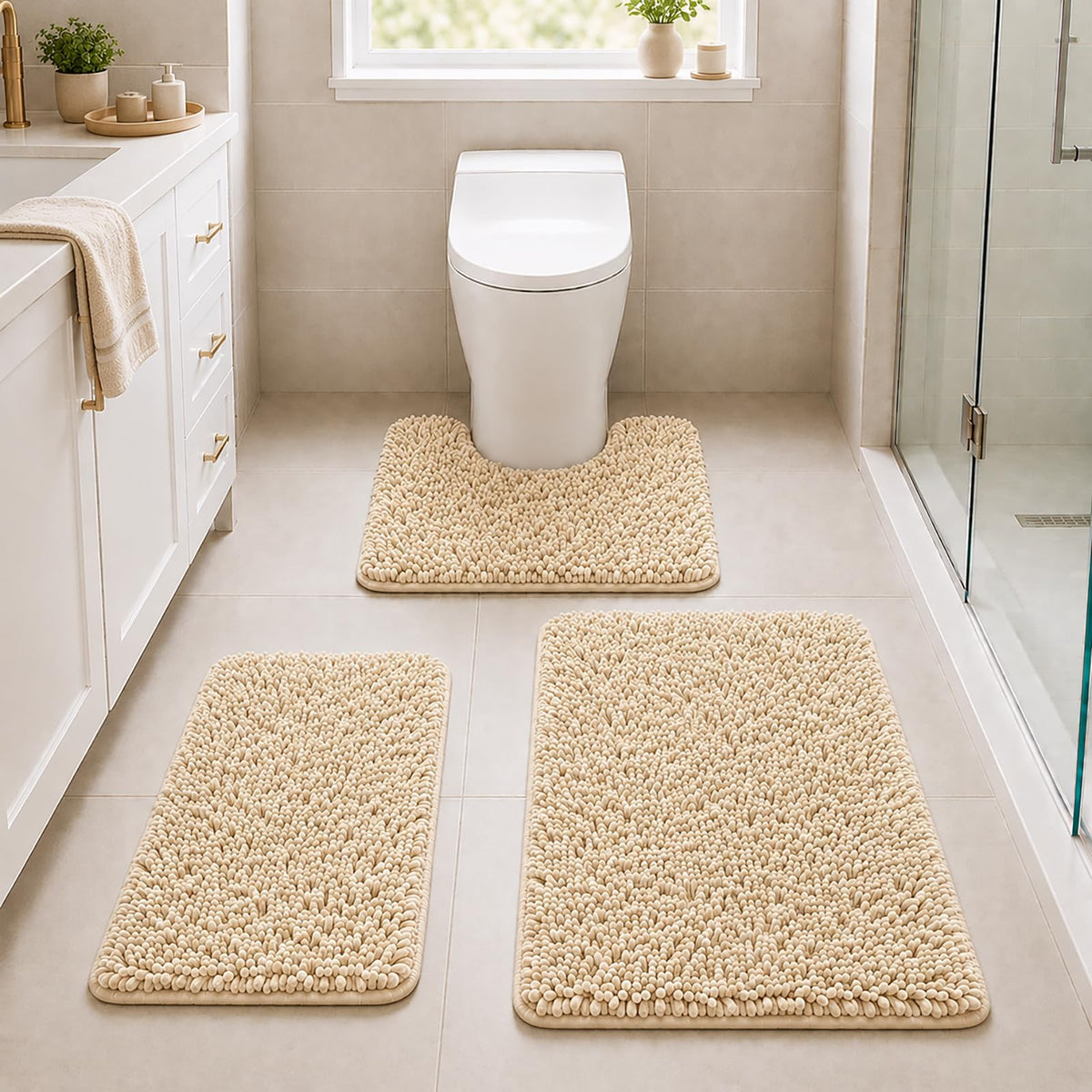 Bathroom Rugs Set Non Slip 3 Piece Bath Mat Washable Chenille Bath Rugs with PVC Backing Bath Carpet,Absorbent Bathroom Mats with Toilet Rug,Bath Mats for Bathroom,Bedroom, Kitchen,Tub,Home Decor