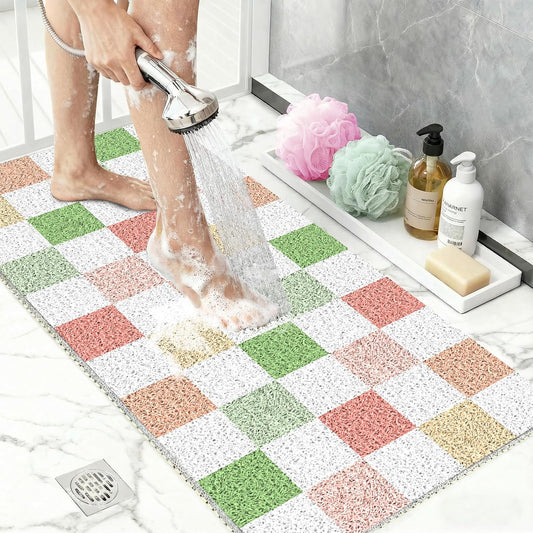 BLESWIN Loofah Mats for Shower 24"x16", PVC Bath Mat for Inside Shower, Bath Mat for Tub Non Slip, Checkered Shower Quick Dry Mats with Drain Hole, Colorful Checkered