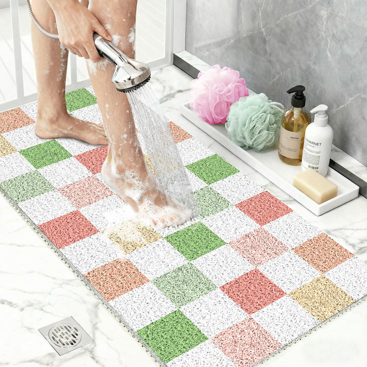 BLESWIN Loofah Mats for Shower 24"x16", PVC Bath Mat for Inside Shower, Bath Mat for Tub Non Slip, Checkered Shower Quick Dry Mats with Drain Hole, Colorful Checkered