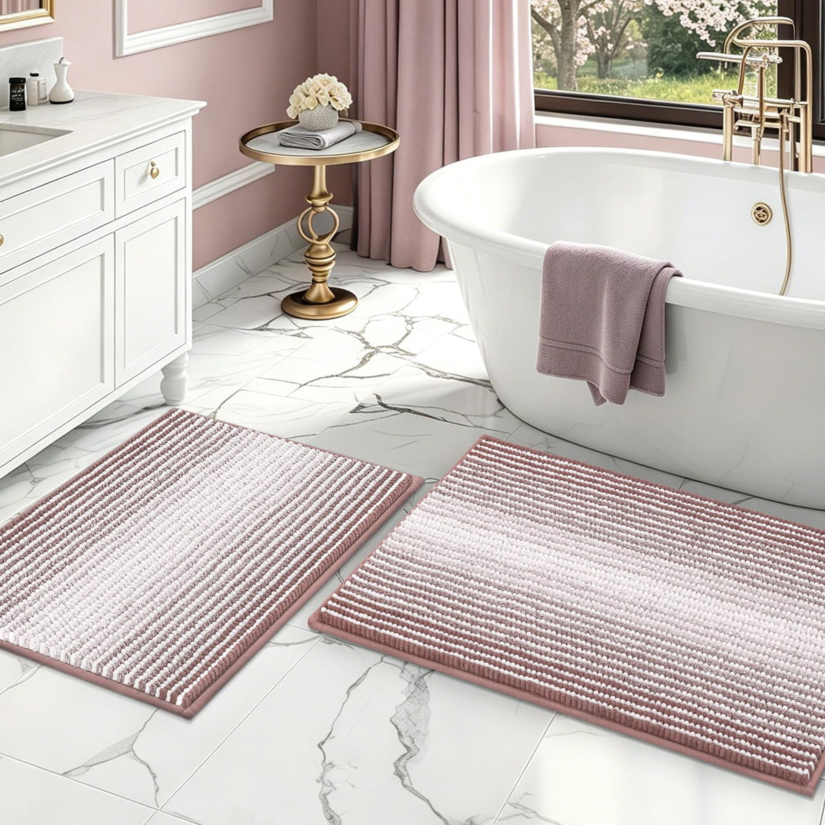 BSICPRO Bathroom Rugs Sets 2 Piece, Non Slip Striped Bath Mats, Fog Blue