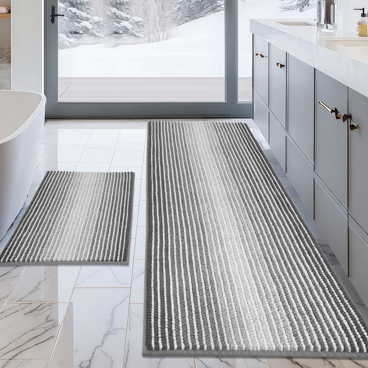 BSICPRO Bathroom Rugs Sets 2 Piece, Non Slip Striped Bath Mats, Fog Blue