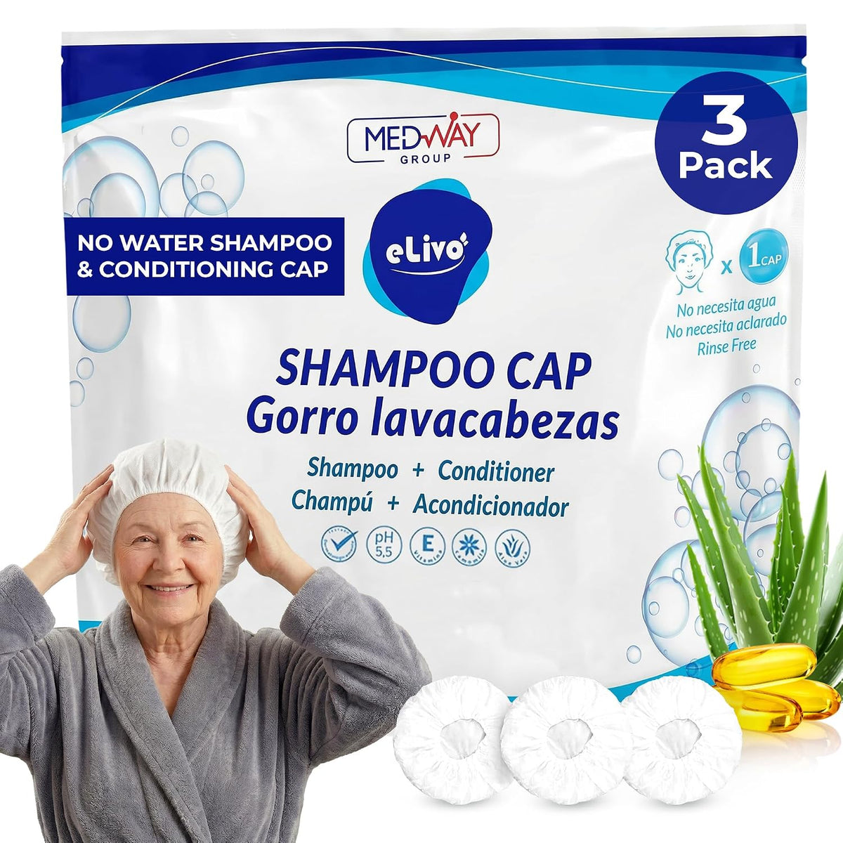 MedVance Rinse Free Shampoo & Conditioning Shower Cap Dry Hair Wash, 3 Pack