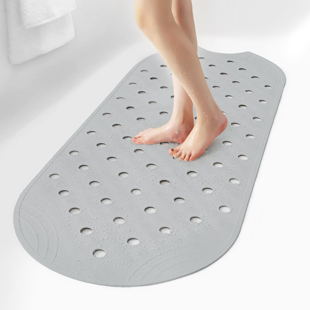 Rubber Bathtub Mat Shower Mat Non-Slip, 31x14 Inch, Bath Tub Floor Mat with Suction Cups and Drainage Holes, Grey