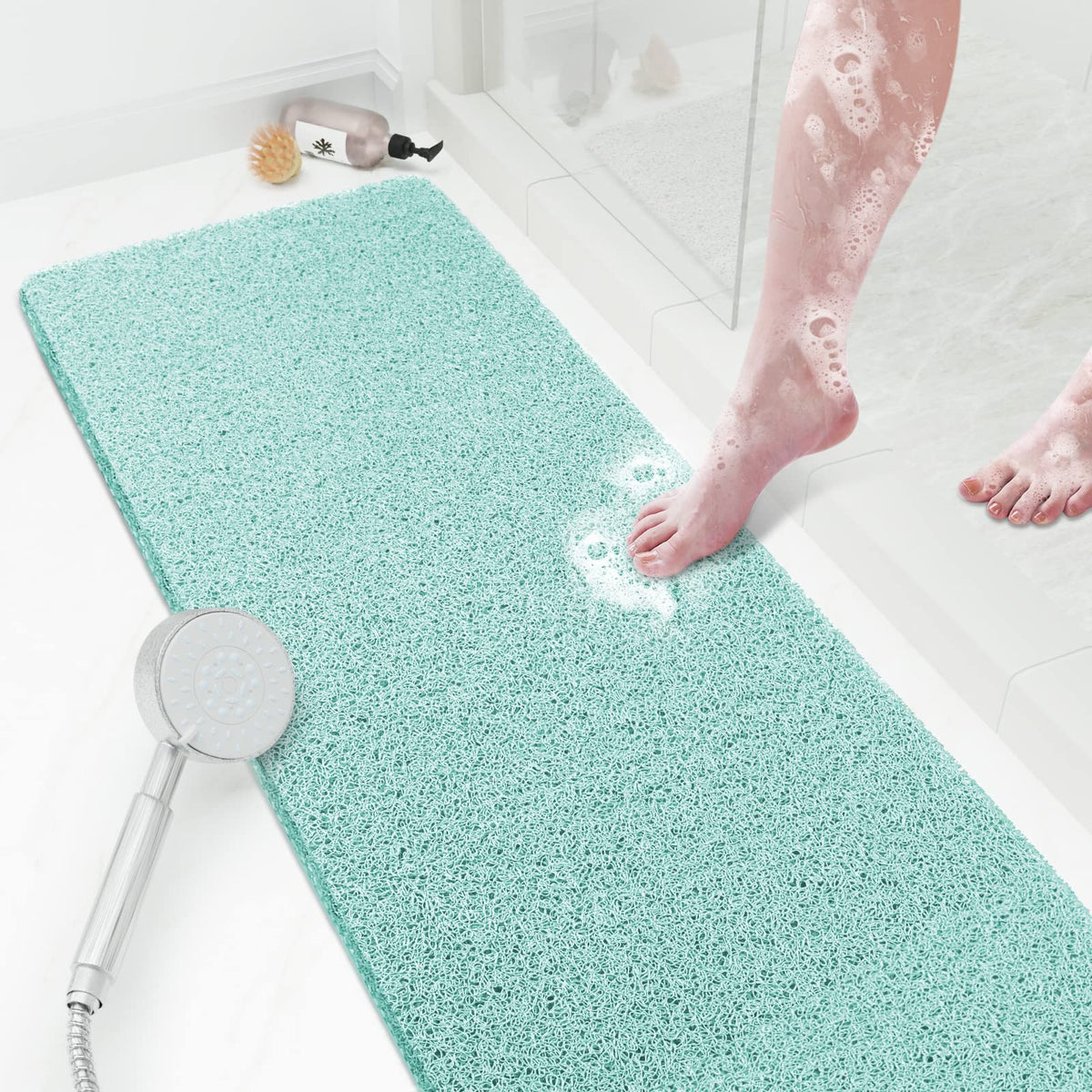 Shower Mat Bathtub Mat Non-Slip,24x16 inch, Soft Tub Mat with Drain,PVC Loofah Bath Mat (Phthalate Free) for Tub and Bathroom,Quick Drying,Black