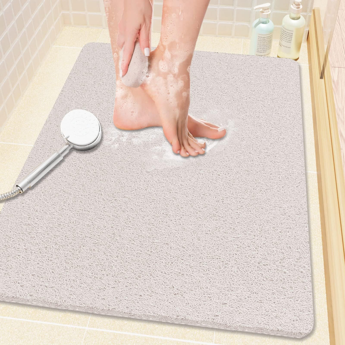 Shower Mat Bathtub Mat Non-Slip,24x16 inch, Soft Tub Mat with Drain,PVC Loofah Bath Mat (Phthalate Free) for Tub and Bathroom,Quick Drying,Black