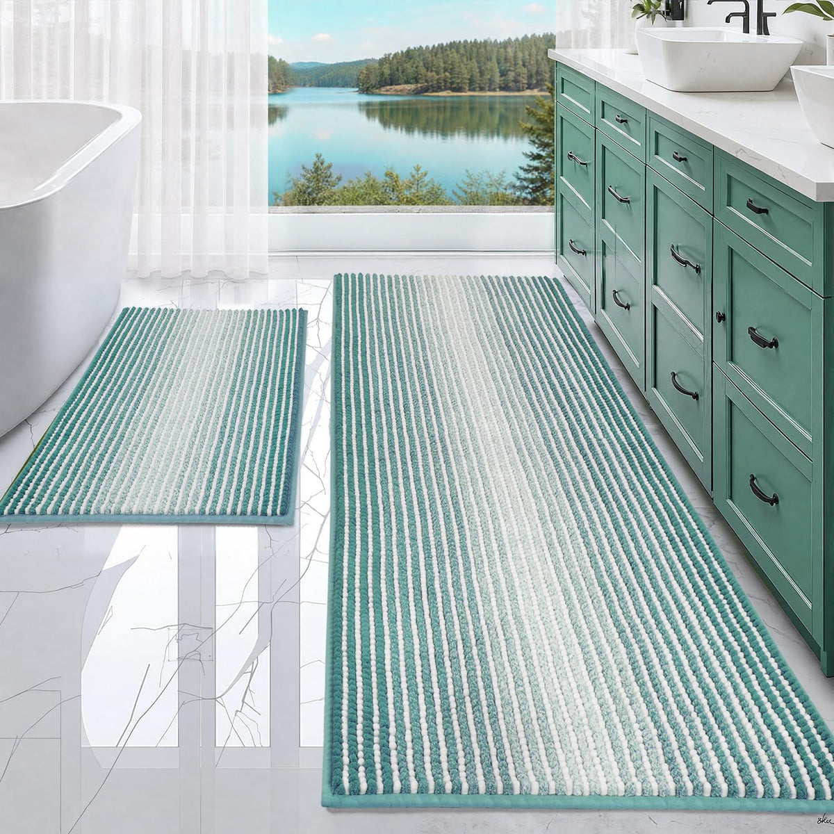 BSICPRO Bathroom Rugs Sets 2 Piece, Non Slip Striped Bath Mats, Fog Blue