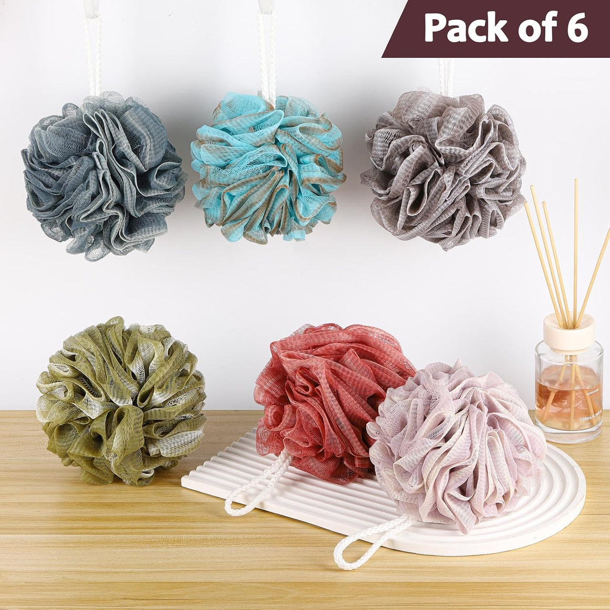 Loofah Sponge 75g/Piece, Mesh Bath Sponge Exfoliating Body Scrubber Ball Pack of 6, Large