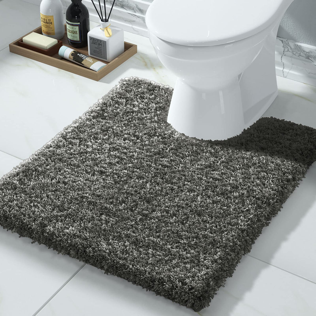 Yimobra Bathroom Rugs Non Slip Washable 32X20, Ultra Soft and Water Absorbent Bath Mats, Plush Fluffy Shower Mat Outside, Microfiber Thick Matts for Bathroom Floor/Tub, Light Gray and White
