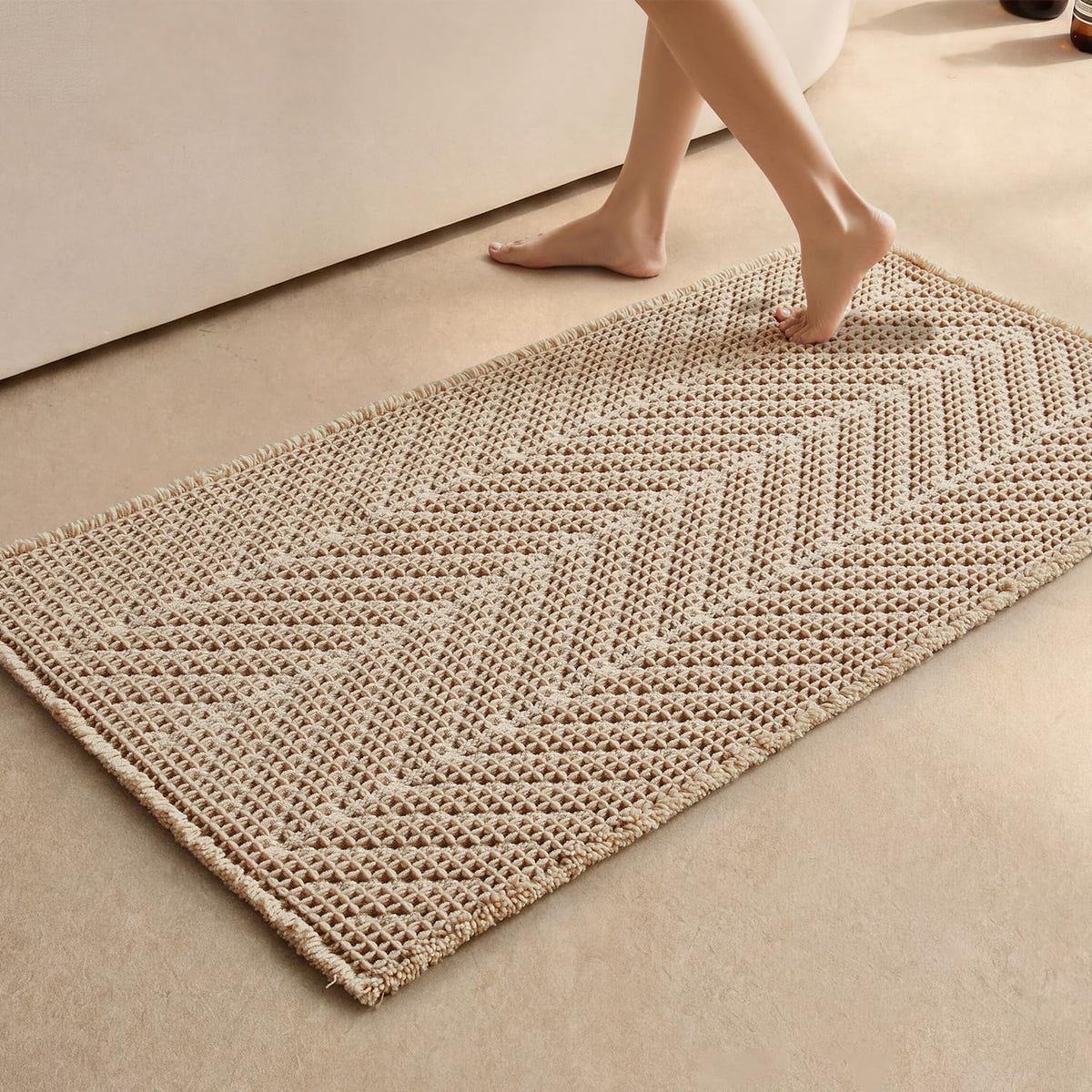 Sunfly Boho Bathroom Rug, Herringbone Waffle Bath Mat Non-Slip Washable Super Absorbent Quick Dry, Farmhouse Bath Mat for Bathroom Floor Decor 20"*30" Khaki