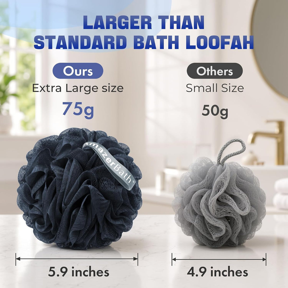 AmazerBath Loofah Sponge 75g/Piece, Exfoliating Bath Sponge Body Scrubber - Loofa Set of 4 Grey Blue-Pink-Grey-White (Large)