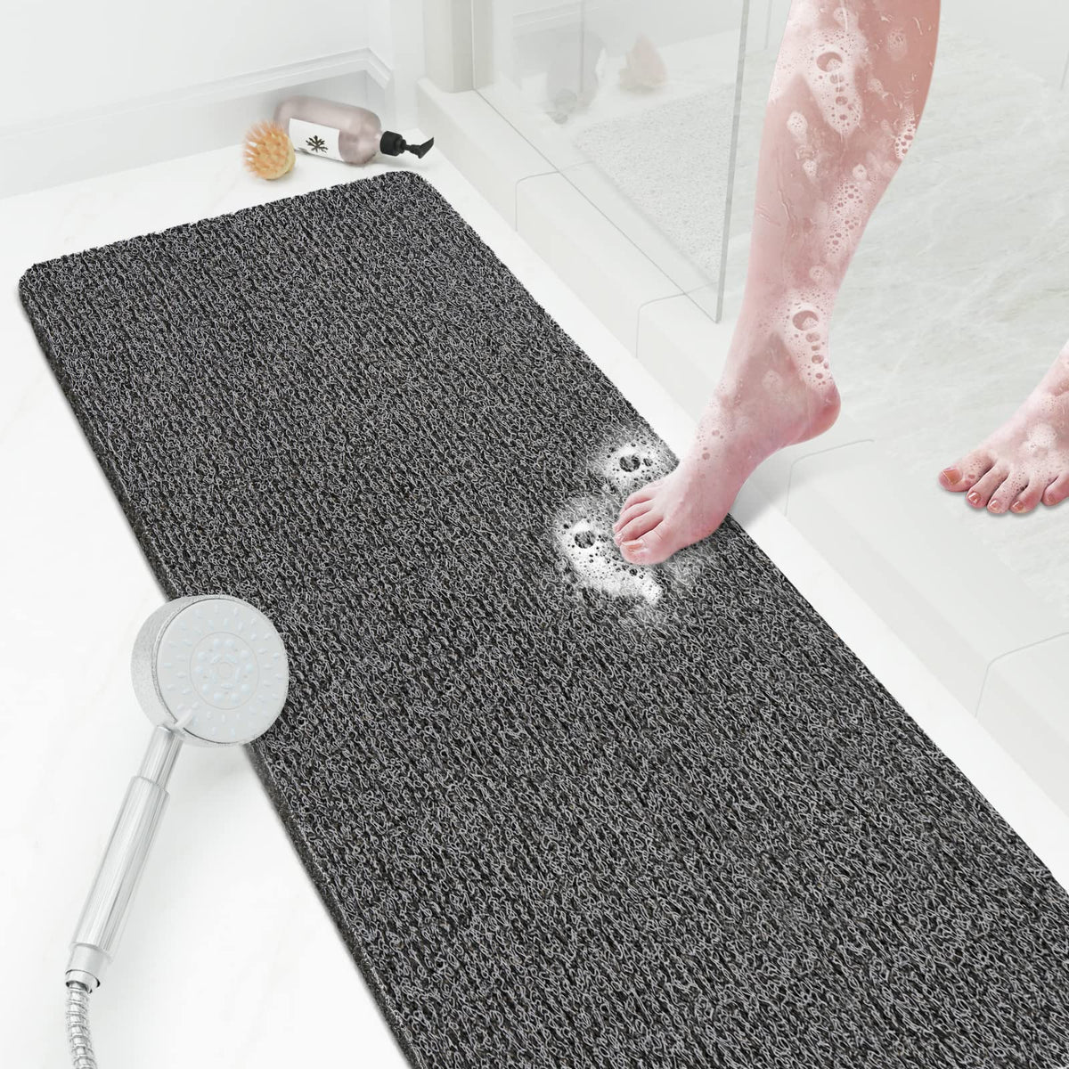 Shower Mat Bathtub Mat Non-Slip,24x16 inch, Soft Tub Mat with Drain,PVC Loofah Bath Mat (Phthalate Free) for Tub and Bathroom,Quick Drying,Black