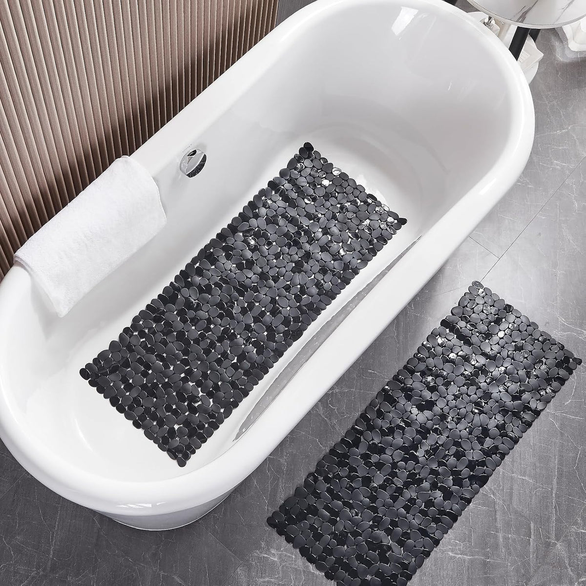 Webos Bath Shower Mat Non Slip: Extra Large Pebble Bathtub mat for Families, Anti Slip Shower Matt with Drain Holes Suction Cups Tub Mat - 16 X 40 Inch Black