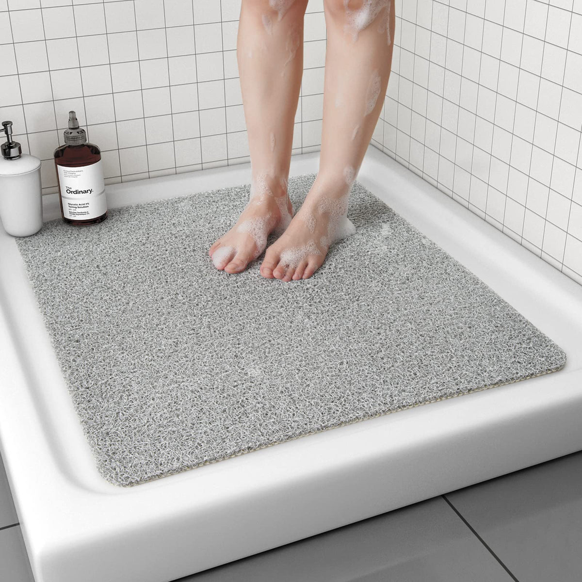 Non Slip Shower Mat, Comfortable Bath mat for Textured Surface,Quick Drying Easy Cleaning Shower Floor Mat for Wet Area,Without Suction Cups Grey 24 x 24